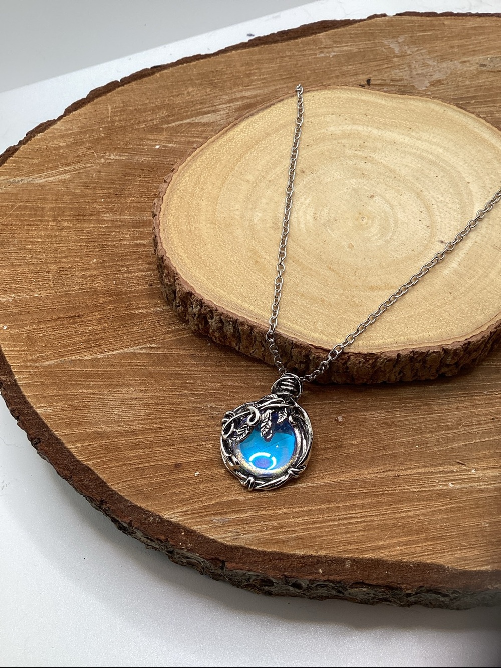 Silver-tone Blue Orb Pendant Necklace with Filigree Accents